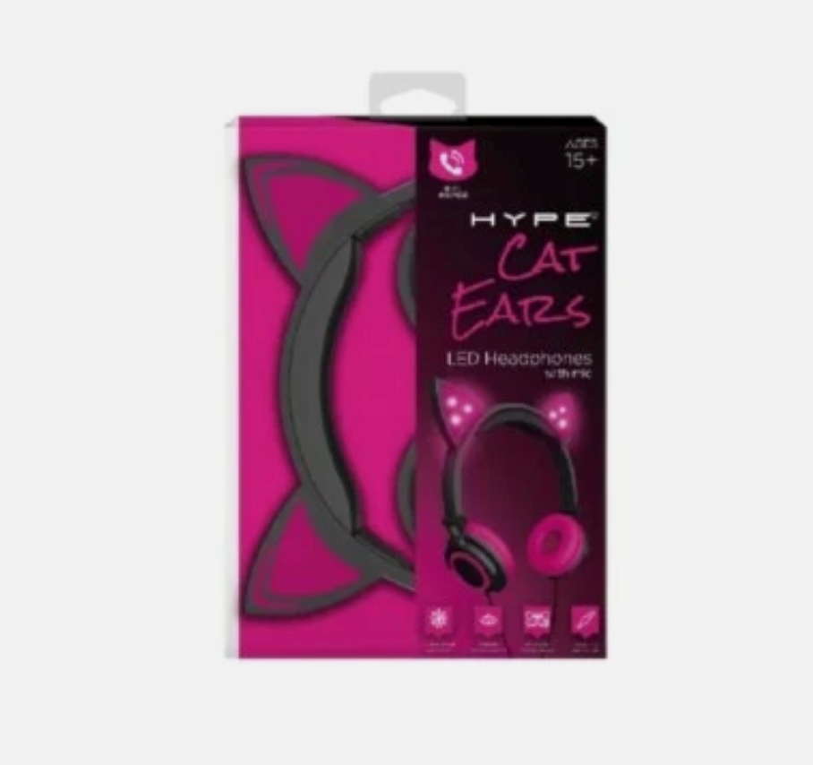 Hype Wired Pink LED Cat Ear Headphones with Mic, 3.5mm Jack Plug Fold & Swivel