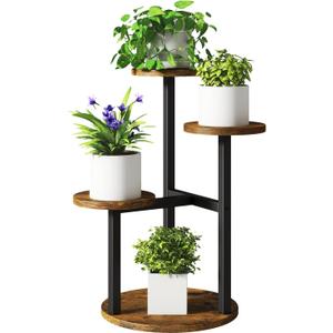 IBUYKE 4 Tier Plant Stand Indoor, Metal Wood Plant Shelf for Multiple Plants, Small Tiered Corner Flower Pot Stand for Living Room Patio Balcony Garden, Rustic Brown TMJ073H