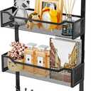 SWTYMIKI Over The Door Hooks Organizer - Multi-Functional Door Hanger with 16 Hooks & 2 Mesh Baskets, Long Coat Rack for Bathroom, Bedroom, Living Room, Home Storage Organizer, Black