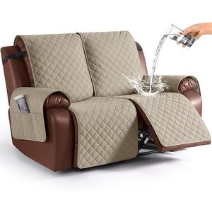 KinCam Waterproof Oversized Loveseat Recliner Cover, Non-Slip Reclining Couch Covers for 2 Seat, Recliner Sofa Cover Furniture Protector with Elastic Straps for Kids, Pets, Khaki