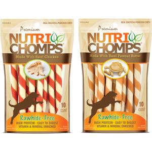 NutriChomps Dog Chews 5-inch Twists, Easy to Digest, Rawhide-Free Dog Treats, Real Peanut Butter Flavor & Real Chicken Flavor (NT112V) - 10 Count (Pack of 2)