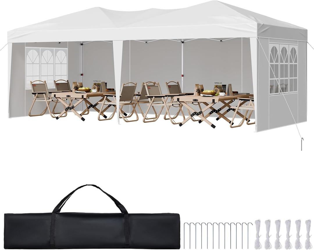 VEVOR Pop Up Canopy, 10 x 20 FT Instant Canopy Portable Gazebo with 3 Sidewalls & 2 Ventilated Windows, Height Adjustable Pop-Up Outdoor Shelter Tent for Events, Patio, Backyard, Party, Parking