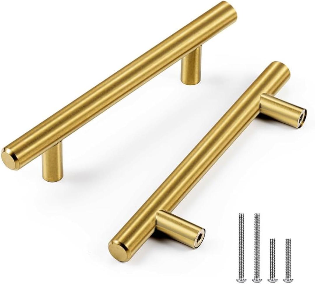 CZC HOME 5 Pack 6 Inch Cabinet Pulls Stainless Steel Drawer Handles, 3.75" Hole Center Drawer Pulls for Kitchen Dresser Cupboard with 2 Sizes Screws Brushed Brass