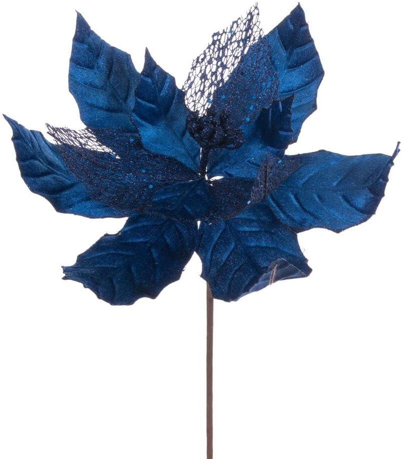 Vickerman 11" Midnight Blue Velvet and Glitter Mesh Poinsettia Flower on Stem, 6 per Bag.