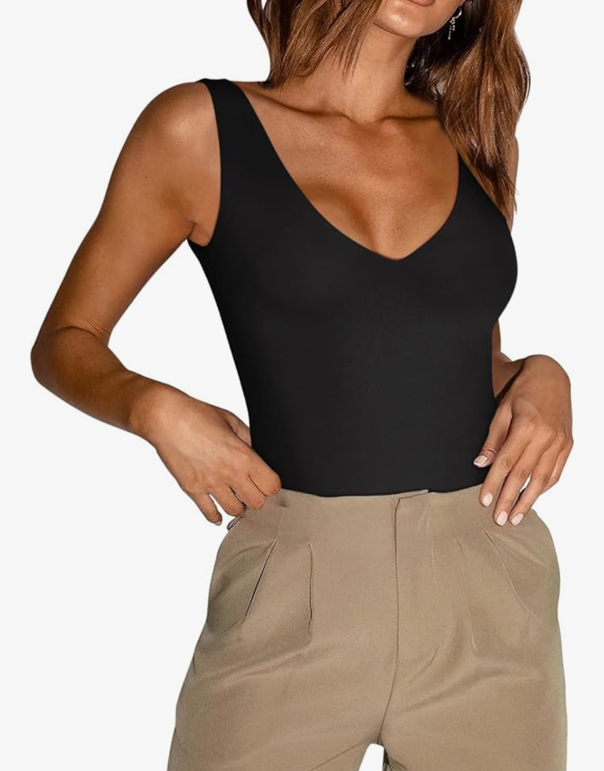 REORIA Butsmooth® Women’s Trendy Sexy Plunge Deep V Neck Sleeveless V Backless Going Out Tank Bodysuits Tops Size M