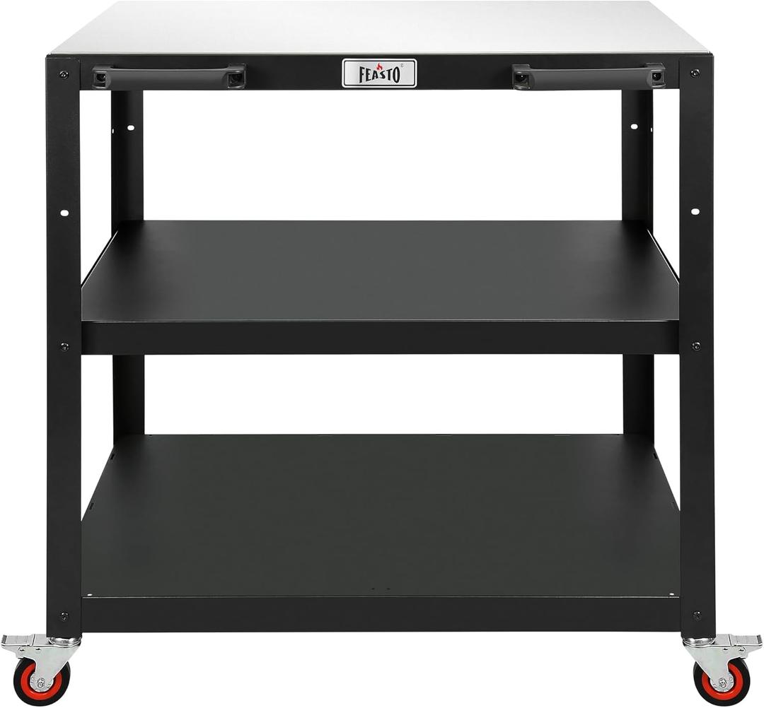 Feasto 36''x 24'' Heavy-Duty Outdoor Pizza Oven Table, 304 Stainless Steel Grill Table with Lockable Wheels for Pizza Ovens & Griddles, 3-Shelf Prep Table for Deck, Patio BBQ & Parties (Black)