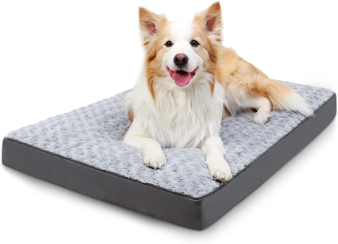 Dog Crate Bed Waterproof for Large Dogs - Rose Velvet Soft Fluffy Washable With Removable Cover & Anti-Slip Bottom, 35 x 22 Inch, Light Gray