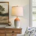USumkky 24.5" Ceramic Table Lamp with 5FT Cord, Single Farmhouse Vintage Rustic Bedside Lamp for Living Room Bedroom Entryway, Linen Shade Nightstand End Table Decor (Bulb Not Included)-White & Brown