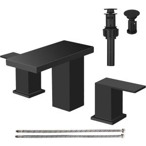 Hoimpro 8 Inch Widespread Waterfall Bathroom Sink Faucet, Square Two Handle Vanity Black Bathroom Faucet with cUPC Supply Hose, 3 Holes Faucet with Pop Up Drain, Stainless Steel, Matte Black