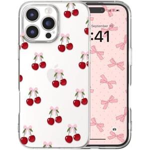 MUWBKPI for iPhone 16 Pro Max Case Cute Bow Cherry Aesthetic Clear Ribbon Pattern for Women Girls, Girly Transparent Soft Slim TPU Bumper Shockproof Protective Cover - Big Cherries
