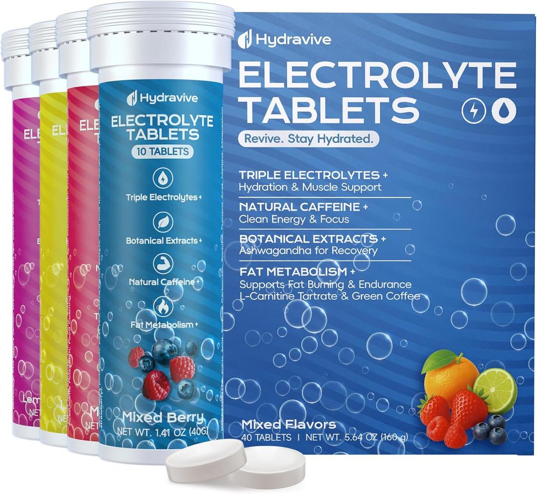 Electrolyte Tablets Sugar Free, Hydration Electrolyte Tablets, Sodium, Potassium, Magnesium, Calcium, Green Tea, Green Coffee, Ashwagandha, Zero Sugar Hydration Drink Variety (40 Servings)