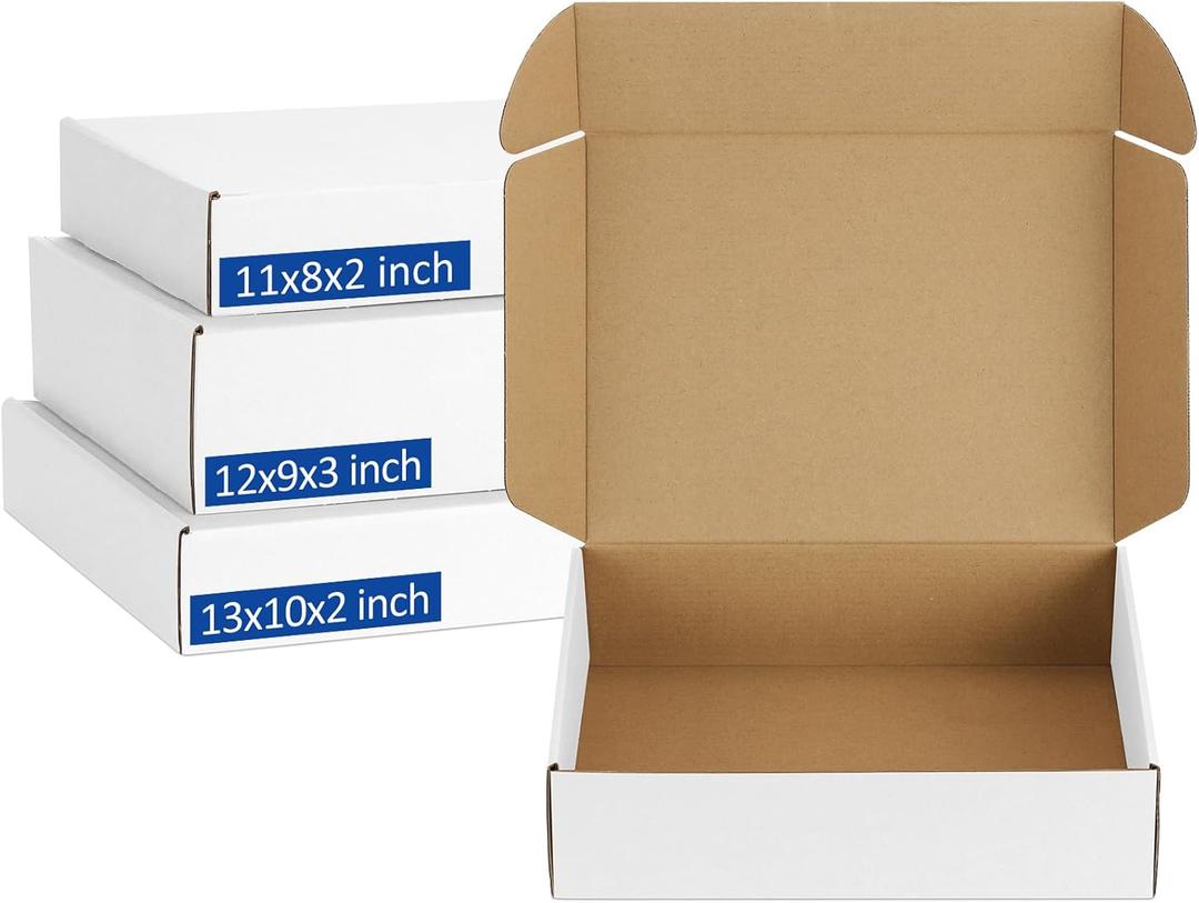 Assorted-Sizes-Shipping-Boxes-24-Pack: 11x8x2 & 12x9x3 & 13x10x2 Small-Shipping-Boxes-Mailers, White Corrugated-Cardboard-Boxes-for-Packing-Small-Business Mailing