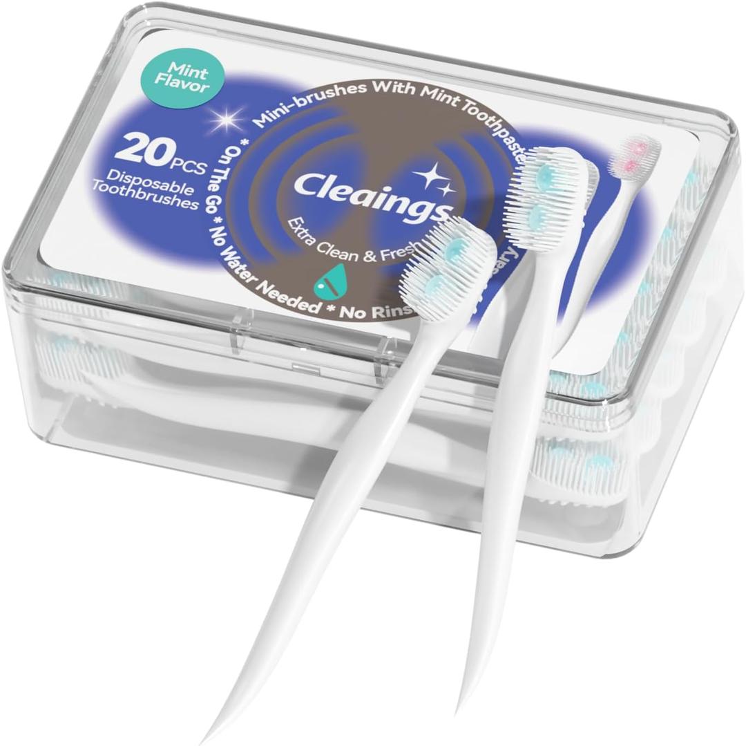 Mini Brushes-Disposable Toothbrushes with Double Cleaning Beads Toothpaste and Pick for Work or Travel, 20 Count-Mint Flavor -（Pack of 2）