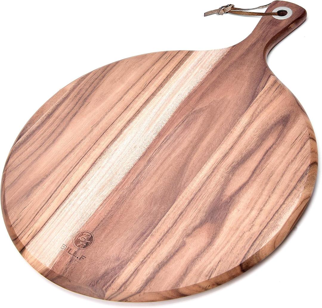 BILL.F Pizza Peel,14" L x 14" W Acacia Wood Cutting Board, with 5" Handle, 19" Overall Length