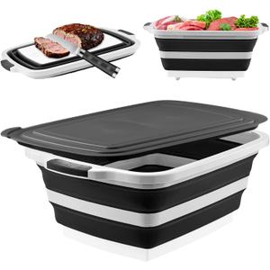 BBQ Prep Tub with Lid and Cutting Board, Collapsible Barbecue Tool Set for Marinating, Meal Prep, Food Storage, Grilling, Camping and Outdoor Cooking, Dishwasher Safe, Black XX-Large