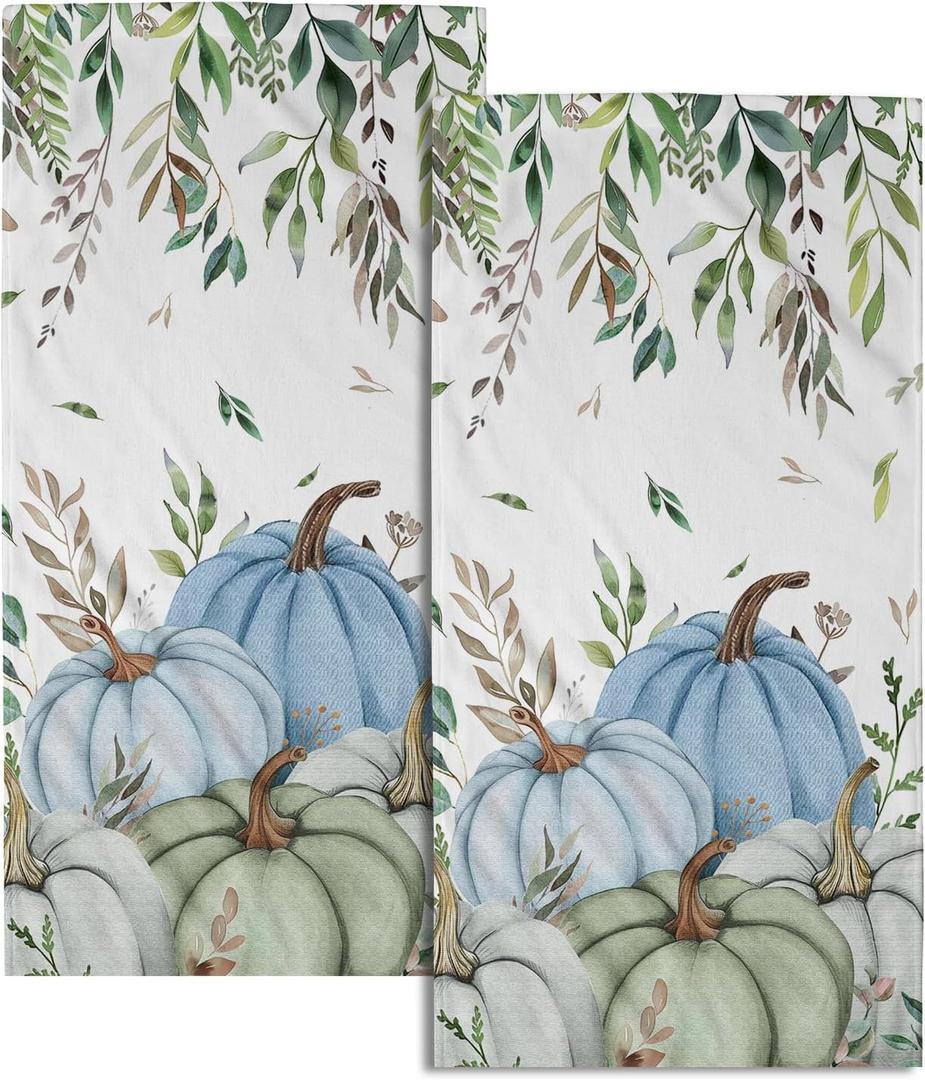 Giwawa Fall Blue Pumpkin Hand Towels Set of 2 Autumn Harvest Bathroom Towel Soft Absorbent Kitchen Hotel Spa Gym Towel Thanksgiving Decor Gifts