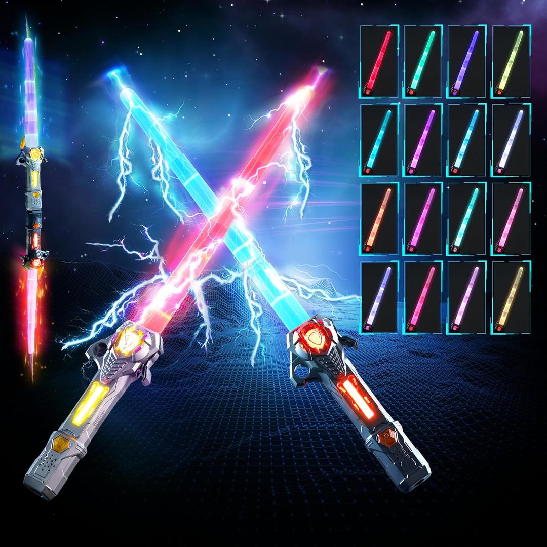 Skirfy Lights Sabers,2 Pack Lightsabers Sword for Kids with FX Sound and 16 Colors,2 In1 LED Light Sabers Toy,Retractable Lightsabers,Halloween Dress Up Party Gift,Black & Grey