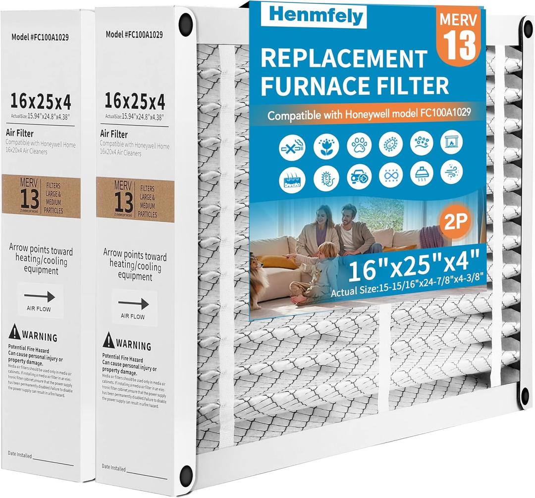 2 Pack 16x25x4 Pleated Furnace Filter - Replacement for Honeywell FC100A1029, Foldable Design, Actual Size 15.94 x 24.86 x 4.38 Inches