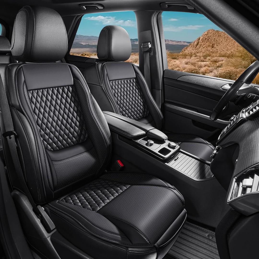 Premium Perforated Napa Leather Car Seat Covers Semi Universal Fit with Lumbar Support, Storage Bag for SUV Sedan Truck (Black, Front Row Two Seats)