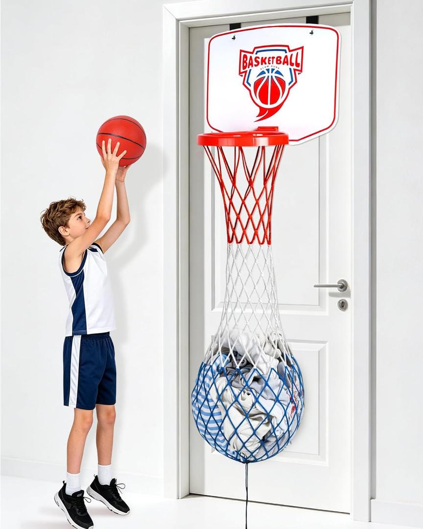 Basketball Hoop Over the Door Basketball Laundry Hamper for 4-14 Year Old Boys, Room Decor and Fun Organizer Toy with Ball, Red