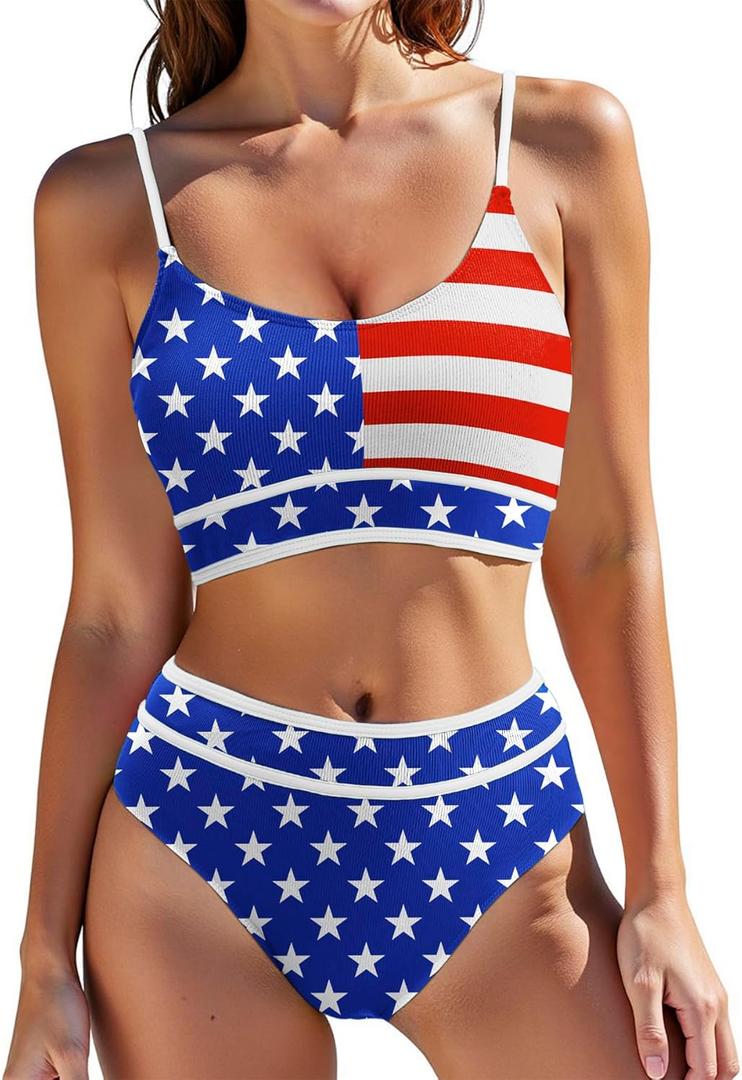 Zando High Waisted Swim Suits for Women 2025 Ribbed Swimsuit 2 Piece Color Block Sporty Bikini Sets Modest Bathing Suit (Large, American Flag)