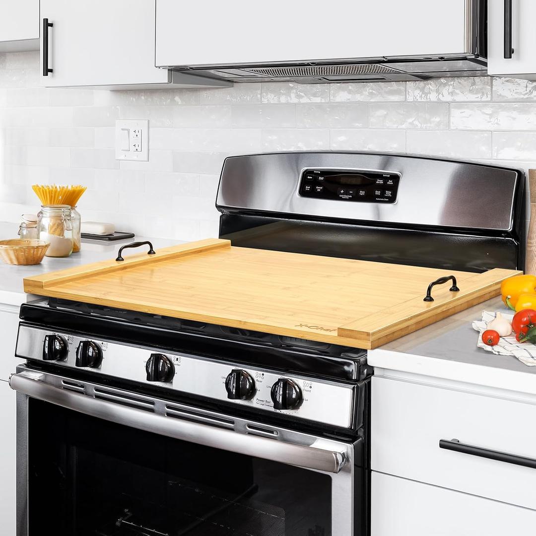 Noodle Board Stove Cover, X-Chef 30 x 22" Bamboo Cutting Board Stove Top Cover with Handles, for Electric Stovetop, Gas Burners, Sink Cover, RV (Wooden), 29.9"L x 22.8"W