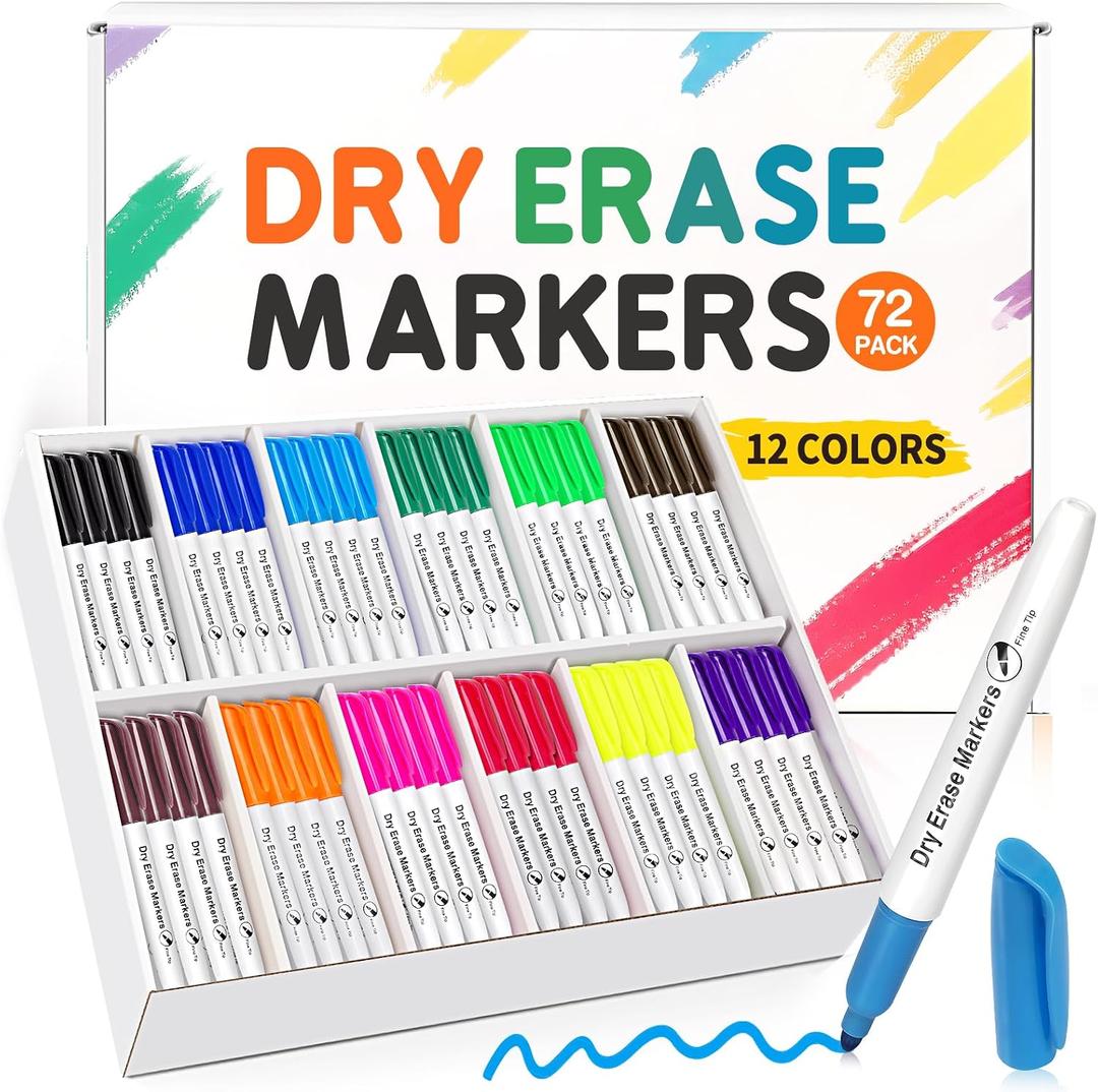 V-Opitos 72 Pack Fine Tip Dry Erase Markers - Bulk Whiteboard Erasable Markers in 12 Colors, Ideal for School Classroom Office Supplies, Non-Toxic & Easy Clean for White board