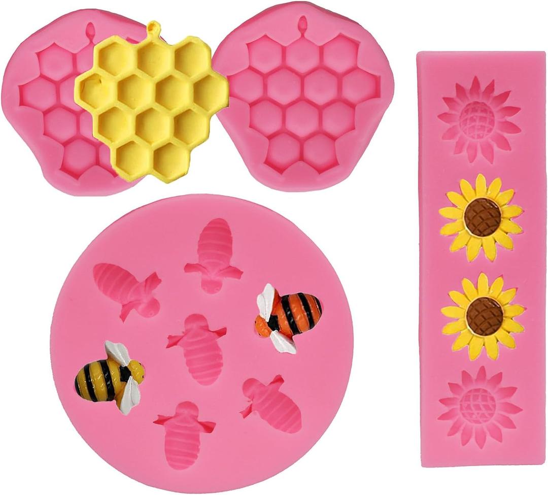 4 Pcs Bumble Bee Silicone Mold Honeycomb Sunflower and Bee Fondant Molds Kit Cupcake Hive DIY Chocolate Fondant Candy Cookies Crafting Party Wedding Cake Sugar Dessert Decorating Baking Mold (Pink)