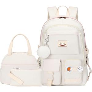 Hey Yoo School Backpack for Girls Backpack with Lunch Box Teen Girl Backpack Set Cute School Bag Bookbag for Teen Girls (White)