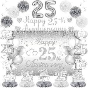 Silver 25th Wedding Anniversary Decorations Banner, 25th Anniversary Table Centerpieces Hanging Swirls Tissue Pompoms Foil Balloon for 25 Years Silver Wedding Party Decoration Supplies