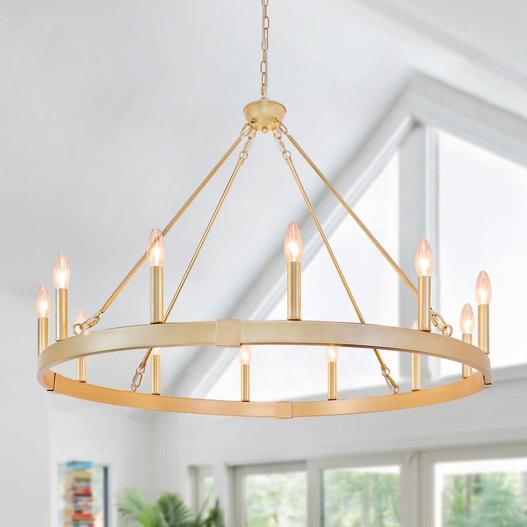 Gold Wagon Wheel Chandelier 37.4 inch, 12-Light Large Round Industrial Gold Farmhouse Chandeliers for High Ceilings Dining Room Living Room Foyer Entryway Outdoor Porch