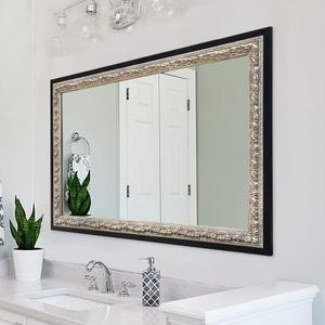 Vintage Mirror Wall Decor 36"x24", Black Decorative Mirror with Wooden Frame for Living Room, Ornate Handmade Aging Silver Foil Carvings, Entryway or Bedroom