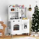 INFANS Kids Kitchen, Wooden Pretend Playset with Adjustable Heights Realistic Sounds Ice Maker Microwave Oven, Toddler Cooking Toy Gift for Boys Girls Aged 3+