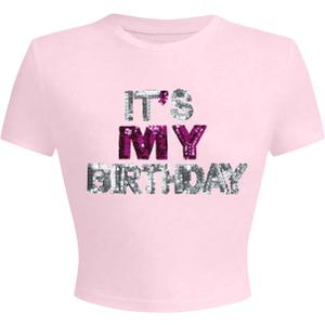 Birthday Shirts for Women It's My Birthday Graphic Tees Funny Crop Shirt Glitter Y2k Baby Short Sleeve Top (Pink, M)