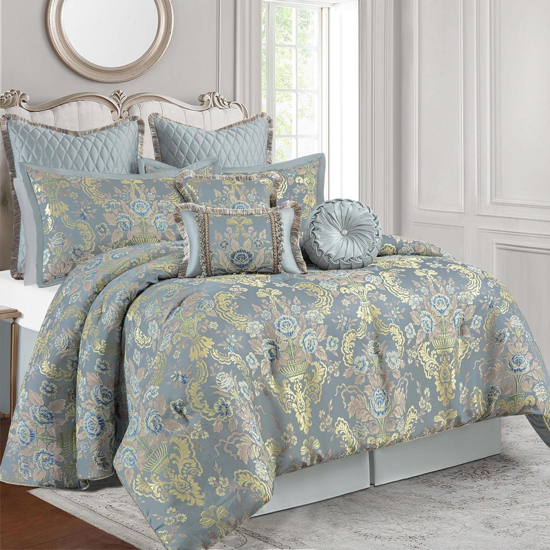 Loom and Mill 9-Piece Jacquard Comforter Sets, European Floral Style Bed in a Bag, Ultra Soft Queen Bedding with Euro Shams, Bedskirt, Filled Decorative Pillow for Home Bedroom (Airy Blue, Queen)