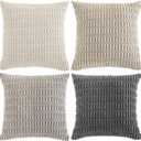 Fancy Homi Set of 4 Grey and White Decorative Throw Pillow Covers 12x12 Inch for Couch Bed Chair, Modern Farmhouse Boho Room Decor, Soft Fuzzy Double Sided Corduroy Textured Striped Cushion Case 30cm