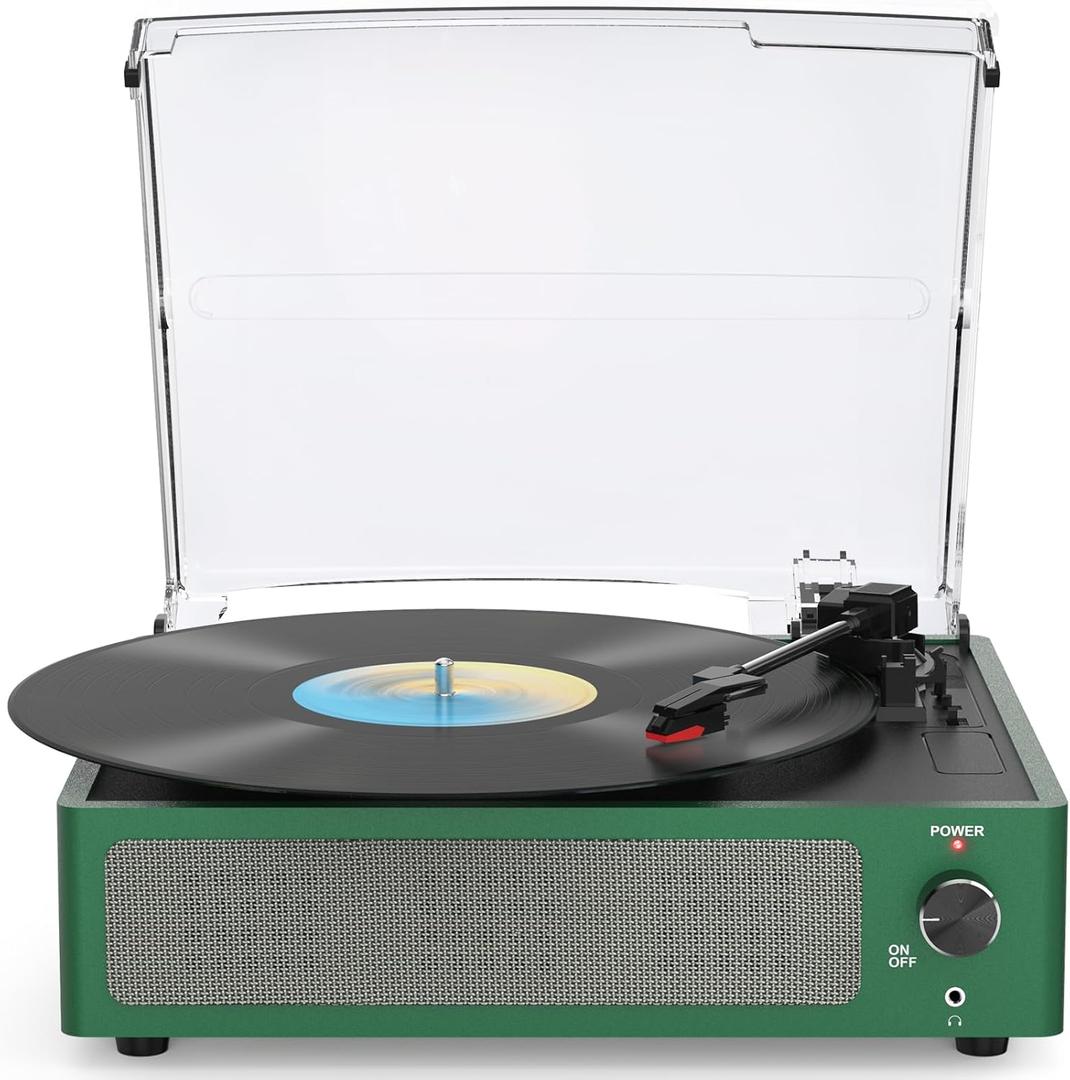 Vinyl Record Players Turntable with Speakers Wireless Receiver 3 Speed RPM LP Phonograph Belt-Driven Headphone AUX RCA Auto Stop All-in-one Turn Table for Beginners Collectors Grass Green