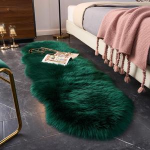 EasyJoy Ultra Soft Fluffy Shaggy Area Rug Faux Fur Rug Chair Cover Seat Pad Fuzzy Area Rug for Bedroom Floor Sofa Living Room (2 x 6 ft Sheepskin, Dark Green)