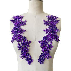 Handmade red/White//Green/Blue Rhinestones Applique Sewing Beads Stones Trim lace Patches Accessory for Dress Clothes one Pair (Purple)