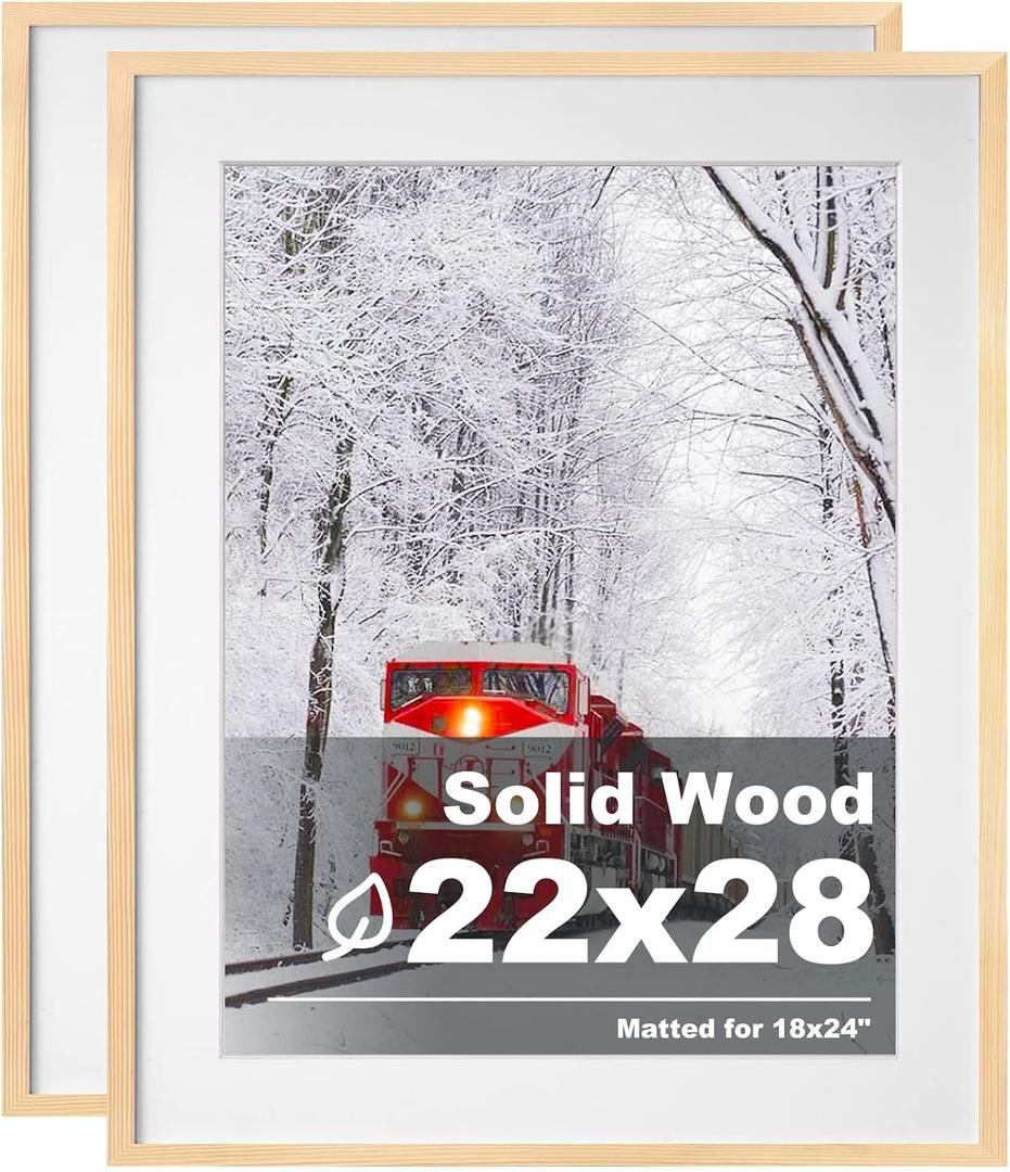 Egofine 22x28 Solid Wood Poster Frames Matted for 18x24 Set of 2 Natural Wood - with Acrylic Plexiglass Front, Hanging Picture Frames Vertically or Horizontally