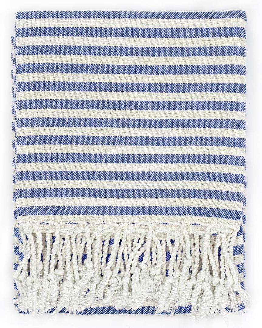 Blue & White Striped Tablecloth With Fringe