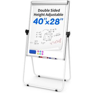 U Stand Double Sided Magnetic Dry Erase Board with Easel Stand, 40"x28" Whiteboard with Flipchart Paper Pad (25 Sheets)- Height Adjustable Standing Whiteboard for Office, Homeschooling & Studio, White
