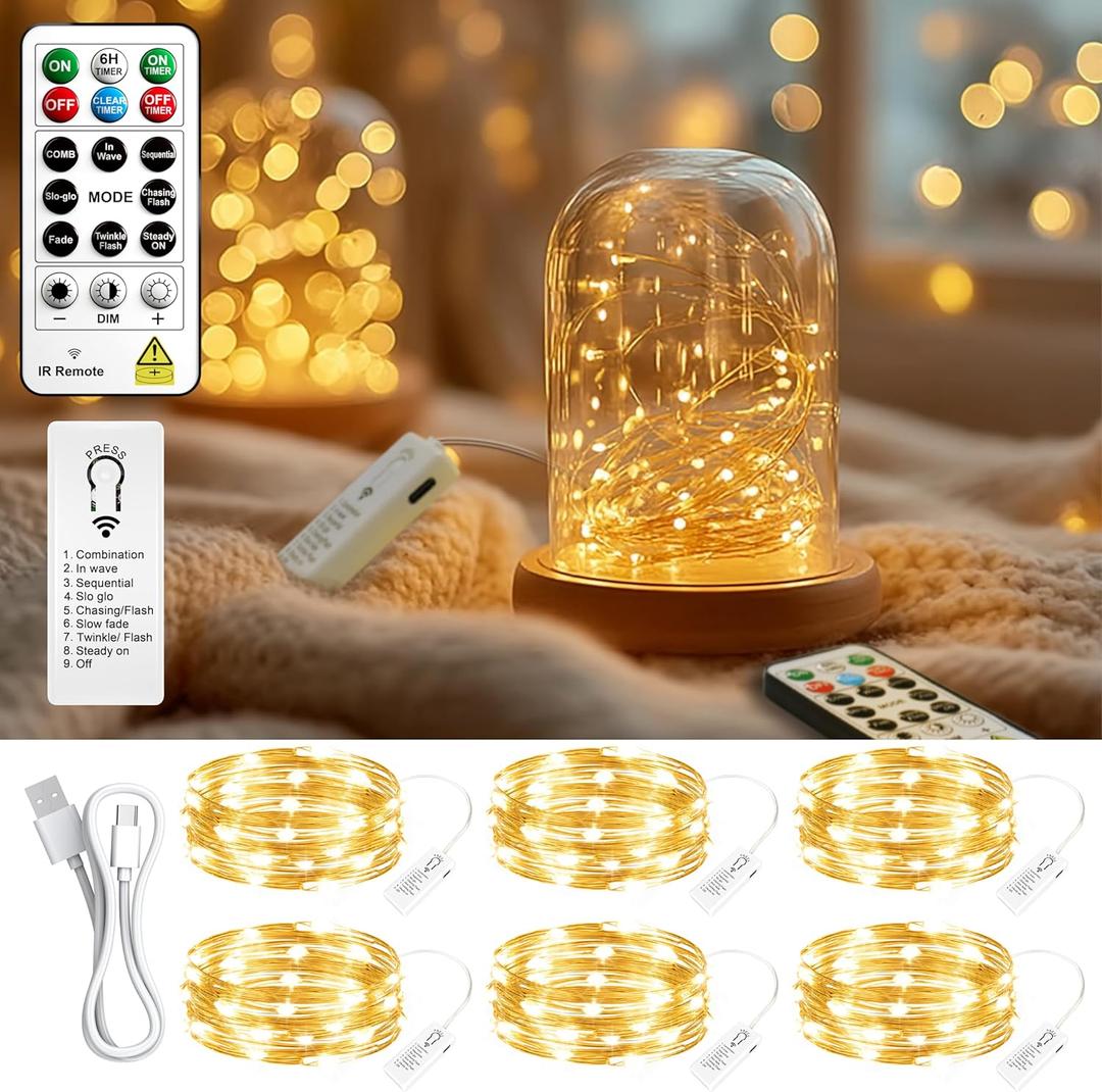 ZSJWL 6 Pack Rechargeable Fairy Lights with Remote & DIY Timer, 7Ft 20LED Mini Battery String Light, Twinkle Silver Copper Wire Lights for Wedding Party Bedroom Christmas Table Decoration(Warm White)
