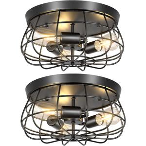 Elibbren 2 Pack Vintage Semi Flush Mount Ceiling Light, E26 Industrial Metal Cage Ceiling Light Fixture 3 Lights for Bedroom Kitchen Dining Room Living Room,UL Listed