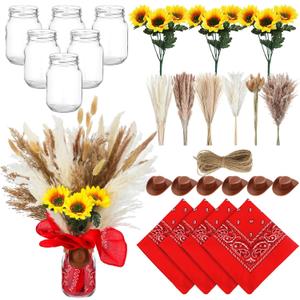 135 Pcs Western Cowboy Table Centerpieces Cowgirl Rodeo Party Decor with Mason Jar Bandannas Mini Hat Sunflowers Pampas for Cowboy Cowgirl Baby Shower Birthday Wedding Party Decor(Red)