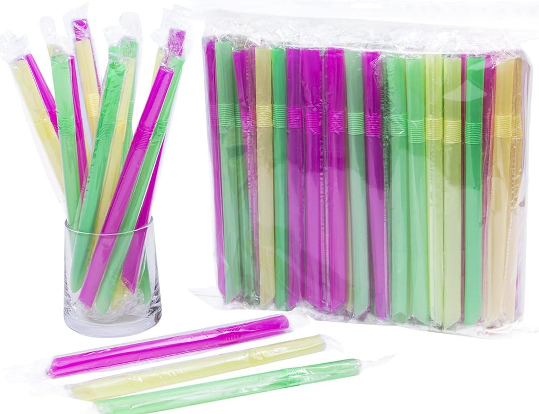 100Packs Plastic Straws Disposable Individually Wrapped 0.43in Big Width Bendable Flexible Drinking Straws for Thicker Beverage or Spureed soups or Smoothies or Think milkshakes (large diameter hole)