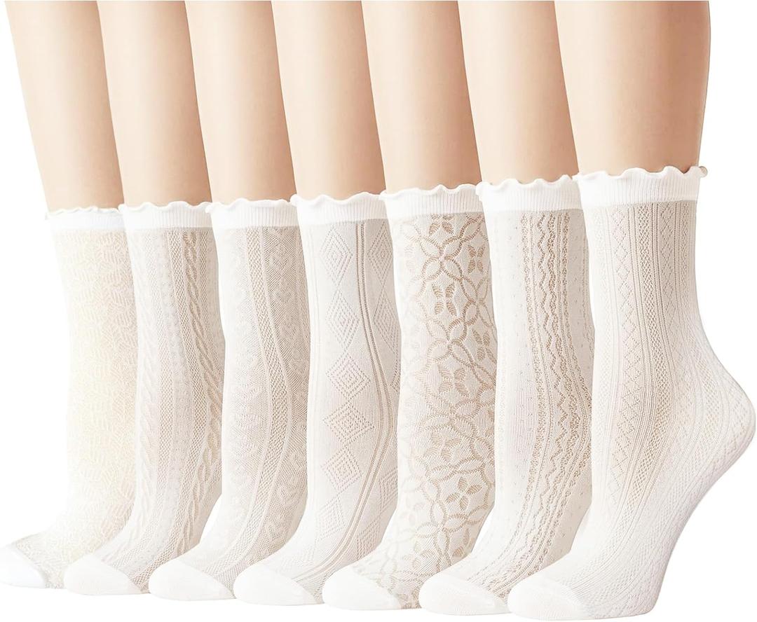 Cityelf 7 Pack Women's Black Ruffle Socks Mesh Lace Cotton Casual Crew Ultra Thin Frilly Ankle Socks