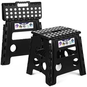Delxo 13 inch 2 Pack Folding Step Stool, Non-Slip Foldable Stools Up to 300 LBS, Step Stool with Handle, Lightweight Collapsible stools for Kitchen, Bathroom, Bedroom, Garden (Black)