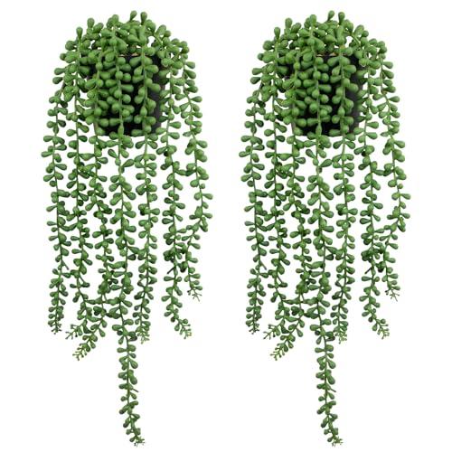 LOYWREE 2 Pack Lifelike Artificial String of Pearls Plant - Faux Hanging Succulent with Black Pot, Realistic Trailing Fake Plant for Indoor Outdoor Shelf Desk Window Sill Home Garden Office Decor