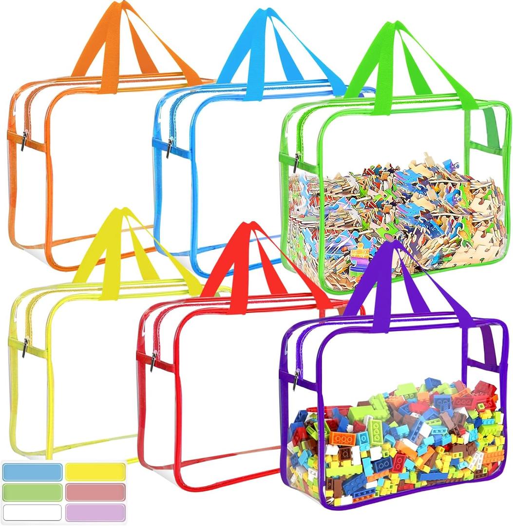 6 Color Large Toy Storage Bags with Labels, Reusable Clear PVC Board Game Storage, Travel Waterproof Organizer Bags with Zipper for Building Blocks, Puzzle, Kids Books